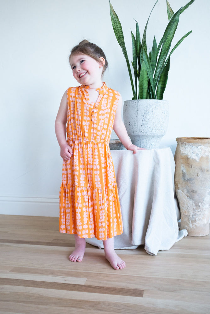 KIDS Sienna Dress - orange with pink leaves