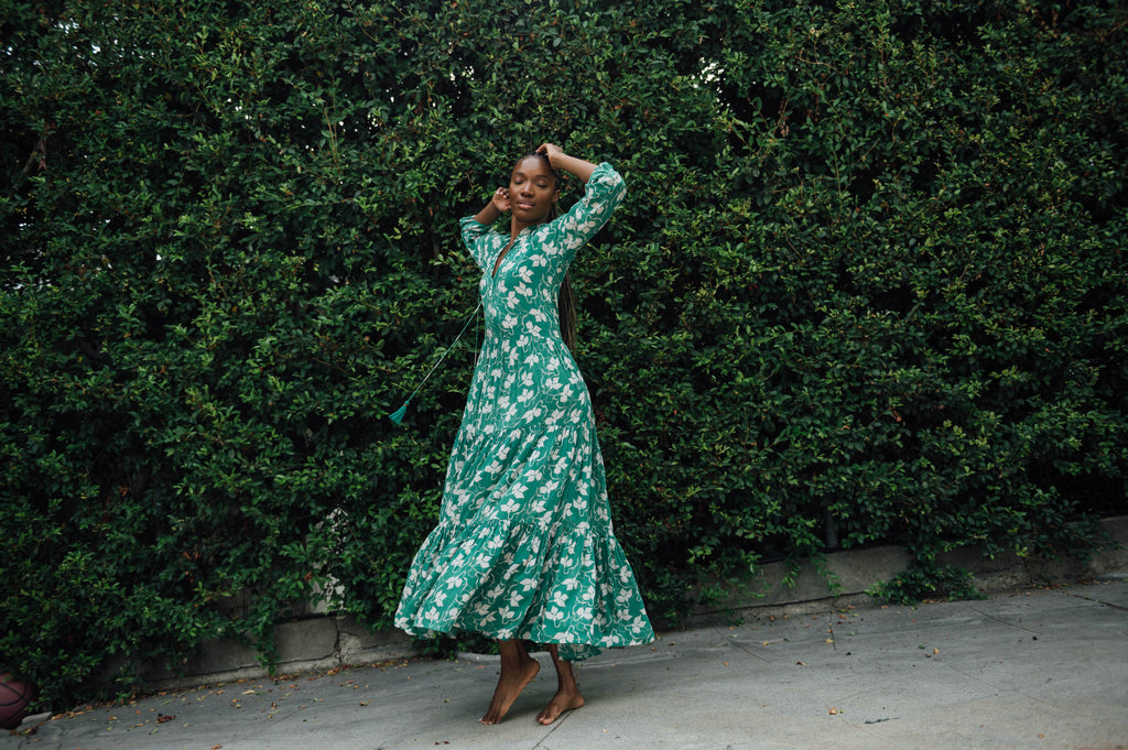 roma label | Women's Sienna Maxi Emerald (Green Flowers Print, Size XS)