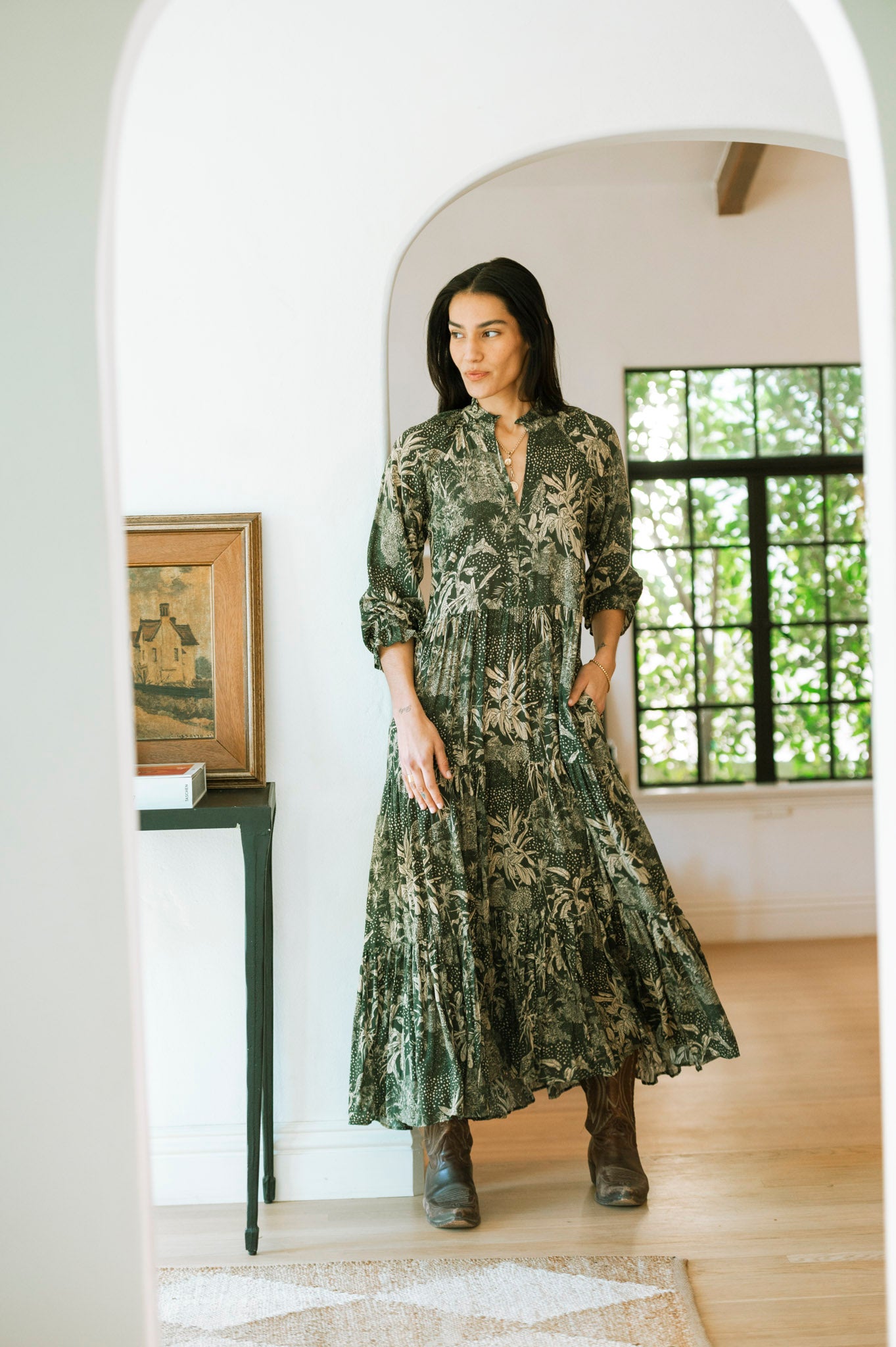 dark green print dress Amari Floral Midi Shirt Dress Green