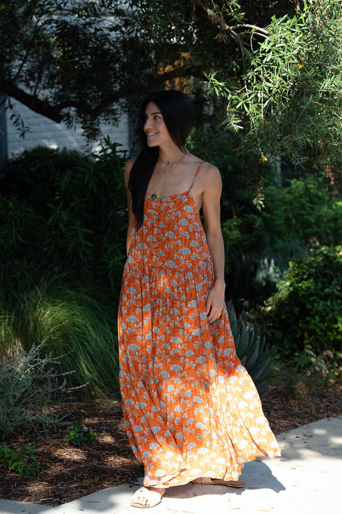 burnt orange floral maxi dress Burnt Orange Floral Spiral Tiered Maxi Dress